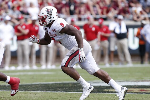 TALLAHASSEE, FL - SEPTEMBER 23: Defensive End Bradley Chubb #9 of the North Carolina State Wolfpack during the game against the Florida State Seminoles at Doak Campbell Stadium on Bobby Bowden Field on September 23, 2017 in Tallahassee, Florida. NC State defeated Florida State 27 to 21. (Photo by Don Juan Moore/Getty Images)