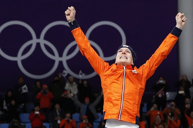 Gold medallist Ireen Wust of Netherlands celebrates after the women's 1,500 meters speedskating race at the Gangneung Oval at the 2018 Winter Olympics in Gangneung, South Korea, Monday, Feb. 12, 2018. (AP Photo/Vadim Ghirda)