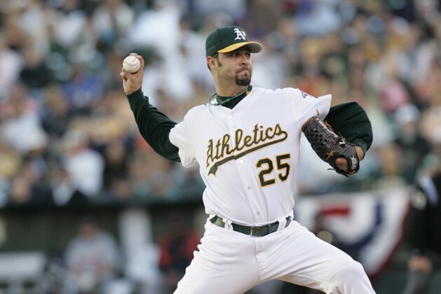 OAKLAND, CA - OCTOBER 11:  Esteban Loaiza of the Oakland Athletics pitches during Game Two of the American League Championship Series against the Detroit Tigers at McAfee Coliseum on October 11, 2006 in Oakland, California. (Photo by Michael Zagaris/MLB Photos via Getty Images)