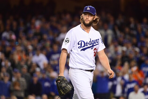 LOS ANGELES, CA - NOVEMBER 01:  Clayton Kershaw #22 of the Los Angeles Dodgers reacts during the sixth inning against the Houston Astros in game seven of the 2017 World Series at Dodger Stadium on November 1, 2017 in Los Angeles, California.  (Photo by Harry How/Getty Images)
