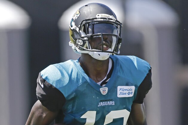 Jacksonville Jaguars wide receiver Mohamed Massaquoi runs after a reception during NFL football training camp, Monday, July 29, 2013, in Jacksonville, Fla. (AP Photo/John Raoux)