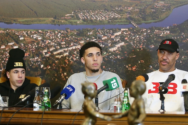 PRIENAI, LITHUANIA - JANUARY 05:  LaVar Ball along with his sons LiAngelo and LaMelo Ball during a press conference after LiAngelo and LaMelo's first training session with Vytautas Prienai on January 5, 2018 in Prienai, Lithuania.  (Photo by Alius Koroliovas/Getty Images)