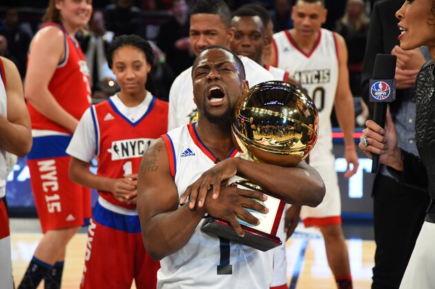 NEW YORK, NY - FEBRUARY 13: Actor Kevin Hart hugs the MVP trophy during the Sprint NBA All-Star Celebrity Game as part of 2015 All-Star Weekend at Madison Square Garden on February 13, 2015 in New York, New York. NOTE TO USER: User expressly acknowledges and agrees that, by downloading and/or using this photograph, user is consenting to the terms and conditions of the Getty Images License Agreement.  Mandatory Copyright Notice: Copyright 2015 NBAE (Photo by Brian Babineau/NBAE via Getty Images)