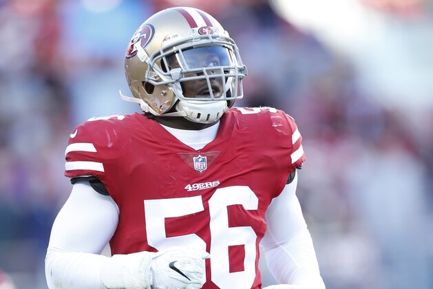 SANTA CLARA, CA - DECEMBER 17: Reuben Foster #56 of the San Francisco 49ers stands on the field during the game against the Tennessee Titans at Levi's Stadium on December 17, 2017 in Santa Clara, California. The 49ers defeated the Titans 25-23. (Photo by Michael Zagaris/San Francisco 49ers/Getty Images)