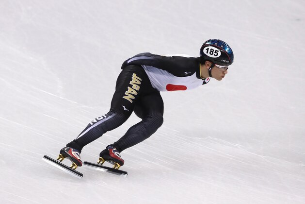 PYEONGCHANG-GUN, SOUTH KOREA - FEBRUARY 06:  Kei Saito of Japan trains during Short Track Speed Skating practice ahead of the PyeongChang 2018 Winter Olympic Games at Gangneung Ice Arena on February 6, 2018 in Pyeongchang-gun, South Korea.  (Photo by Robert Cianflone/Getty Images)