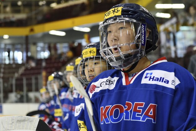 In this photo taken Sept. 24, 2017, South Kore;s Marissa Brandt yells instructions to teammates as they play Minnesota in the second period of an exhibition hockey game in Minneapolis. Marissa, a native Korean who was adopted as an infant by parents in Minnesota, and her sister Hannah will both be playing in the upcoming Winter Olympics in women's hockey. Marissa for South Korea and Hannah for the U.S. (AP Photo/John Autey)