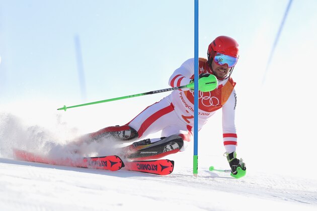 PYEONGCHANG-GUN, SOUTH KOREA - FEBRUARY 13:  Marcel Hirscher of Austria makes a run during the Men's Alpine Combined Slalom on day four of the PyeongChang 2018 Winter Olympic Games at Jeongseon Alpine Centre on February 13, 2018 in Pyeongchang-gun, South Korea.  (Photo by Alexander Hassenstein/Getty Images)