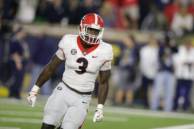Georgia linebacker Roquan Smith (3) during the first half of an NCAA college football game against Notre Dame in South Bend, Ind., Saturday, Sept. 9, 2017. (AP Photo/Michael Conroy)