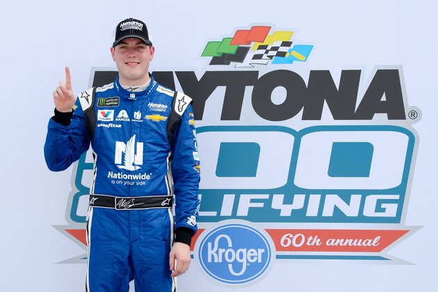 DAYTONA BEACH, FL - FEBRUARY 11: Alex Bowman, driver of the #88 Nationwide Chevrolet, poses for a photo after winning the Pole Award during qualifying for the Monster Energy NASCAR Cup Series Daytona 500 at Daytona International Speedway on February 11, 2018 in Daytona Beach, Florida.  (Photo by Robert Laberge/Getty Images)