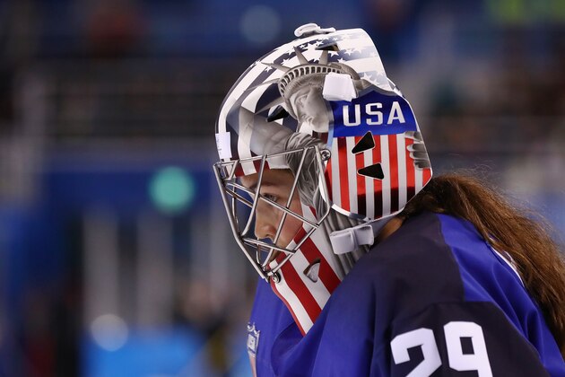 GANGNEUNG, SOUTH KOREA - FEBRUARY 13:  A detailed view of the mask of Nicole Hensley #29 of the United States during the Women's Ice Hockey Preliminary Round - Group A game against Olympic Athletes from Russia on day four of the PyeongChang 2018 Winter Olympic Games at Kwandong Hockey Centre on February 13, 2018 in Gangneung, South Korea.  (Photo by Ronald Martinez/Getty Images)