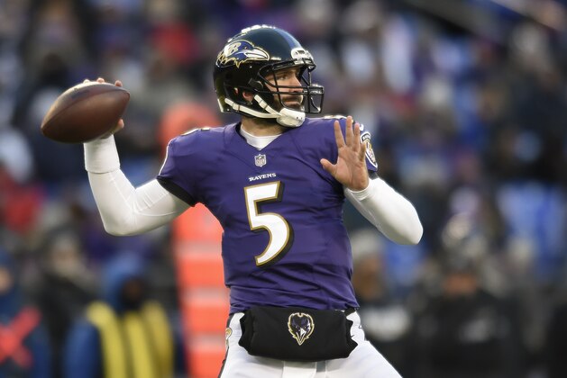 Baltimore Ravens quarterback Joe Flacco (5) passes the ball during the first half of an NFL football game against the Cincinnati Bengals in Baltimore, Sunday, Dec 31, 2017. (AP Photo/Gail Burton)