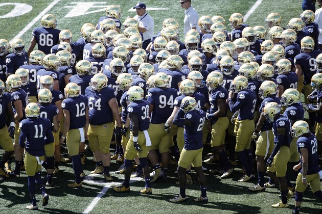SOUTH BEND, IN - SEPTEMBER 02: General view as Notre Dame Fighting Irish players huddle together on the field before a game against the Temple Owls at Notre Dame Stadium on September 2, 2017 in South Bend, Indiana. The Irish won 49-16. (Photo by Joe Robbins/Getty Images) *** Local Caption ***