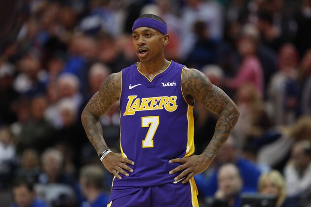 DALLAS, TX - FEBRUARY 10: Isaiah Thomas #7 of the Los Angeles Lakers reacts as the Lakers play the Dallas Mavericks in the second half at American Airlines Center on February 10, 2018 in Dallas, Texas. The Mavericks won 130-123. (Photo by Ron Jenkins/Getty Images)