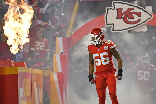 KANSAS CITY, MO - DECEMBER 16:  Inside linebacker Derrick Johnson #56 of the Kansas City Chiefs is introduced prior to a game against the Los Angeles Chargers at Arrowhead Stadium on December 16, 2017 in Kansas City, Missouri.  (Photo by Peter G. Aiken/Getty Images)