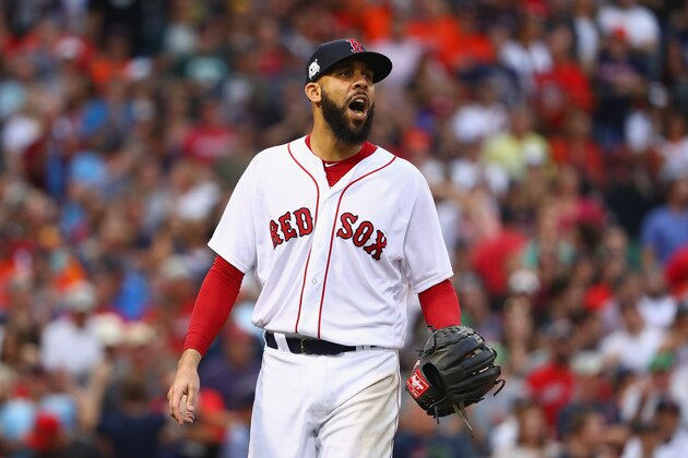 BOSTON, MA - OCTOBER 08:  David Price #24 of the Boston Red Sox reacts after pitching in the seventh inning against the Houston Astros during game three of the American League Division Series at Fenway Park on October 8, 2017 in Boston, Massachusetts.  (Photo by Maddie Meyer/Getty Images)