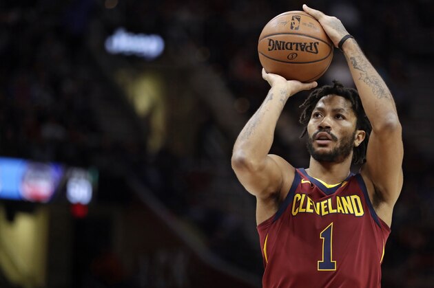 Cleveland Cavaliers' Derrick Rose shoots against the Detroit Pistons in the first half of an NBA basketball game, Sunday, Jan. 28, 2018, in Cleveland. (AP Photo/Tony Dejak)