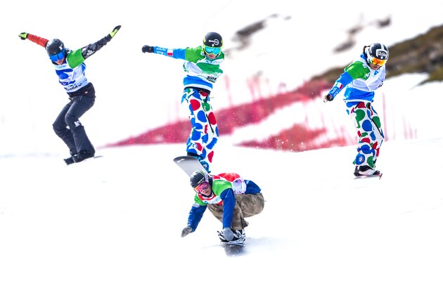 SIERRA NEVADA, SPAIN - MARCH 12: Lindsey Jacobellis of USA wins the gold medal, Michela Moioli of Italy wins the bronze medal, Raffaella Brutto of Italy competes, Carle Brenneman of Canada competes during the FIS Freestyle Ski & Snowboard World Championships Snowboardcross on March 12, 2017 in Sierra Nevada, Spain (Photo by Laurent Salino/Agence Zoom/Getty Images)