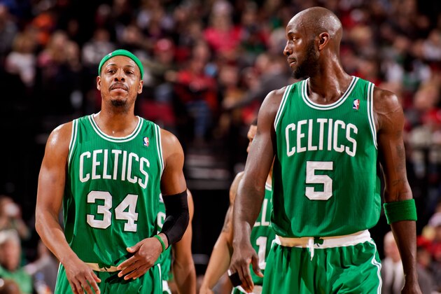 PORTLAND, OR - FEBRUARY 24: Paul Pierce #34 and Kevin Garnett #5 of the Boston Celtics wait to resume action against the Portland Trail Blazers on February 24, 2013 at the Rose Garden Arena in Portland, Oregon. NOTE TO USER: User expressly acknowledges and agrees that, by downloading and or using this photograph, user is consenting to the terms and conditions of the Getty Images License Agreement. Mandatory Copyright Notice: Copyright 2013 NBAE (Photo by Cameron Browne/NBAE via Getty Images)