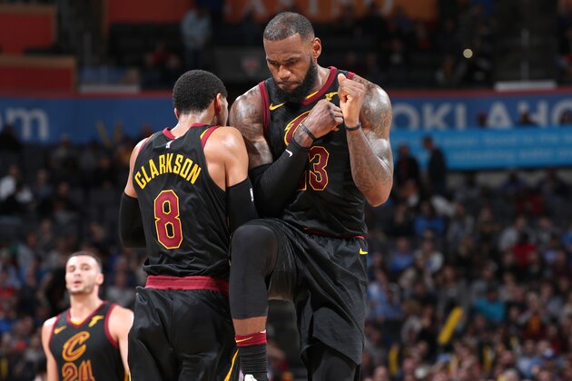 OKLAHOMA CITY, OK - FEBRUARY 13: Jordan Clarkson #8 and LeBron James #23 of the Cleveland Cavaliers celebrate during the game against the Oklahoma City Thunder on February 13, 2018 at Chesapeake Energy Arena in Oklahoma City, Oklahoma. NOTE TO USER: User expressly acknowledges and agrees that, by downloading and/or using this photograph, user is consenting to the terms and conditions of the Getty Images License Agreement. Mandatory Copyright Notice: Copyright 2018 NBAE (Photo by Joe Murphy/NBAE via Getty Images)