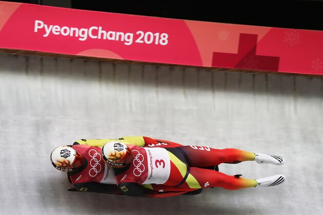 PYEONGCHANG-GUN, SOUTH KOREA - FEBRUARY 14:  Tobias Wendl and Tobias Arlt of Germany make a run during the Luge Doubles on day five of the PyeongChang 2018 Winter Olympics at the Olympic Sliding Centre on February 14, 2018 in Pyeongchang-gun, South Korea.  (Photo by Alexander Hassenstein/Getty Images)