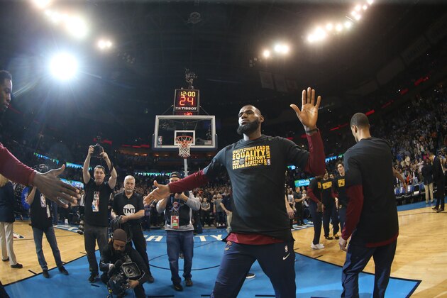 OKLAHOMA CITY, OK - FEBRUARY 13:  LeBron James #23 of the Cleveland Cavaliers gets introduced before the game against the Oklahoma City Thunder on February 13, 2018 at Chesapeake Energy Arena in Oklahoma City, Oklahoma. NOTE TO USER: User expressly acknowledges and agrees that, by downloading and or using this photograph, User is consenting to the terms and conditions of the Getty Images License Agreement. Mandatory Copyright Notice: Copyright 2018 NBAE (Photo by Layne Murdoch/NBAE via Getty Images)