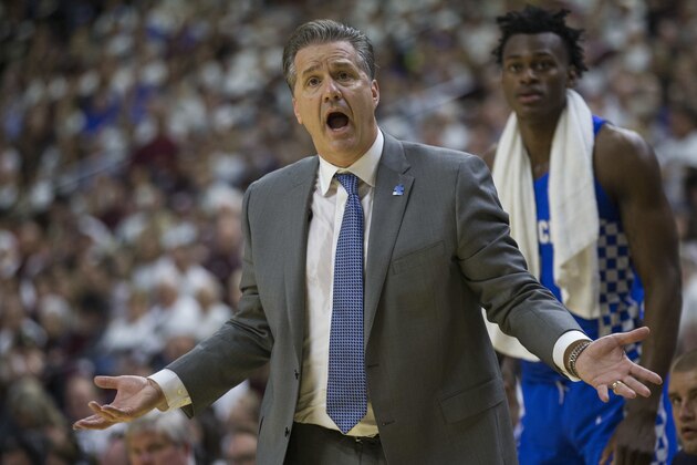 Kentucky head coach John Calipari reacts after a call against his team during the second half of an NCAA college basketball game against Texas A&M, Saturday, Feb. 10, 2018, in College Station, Texas. (AP Photo/Sam Craft)