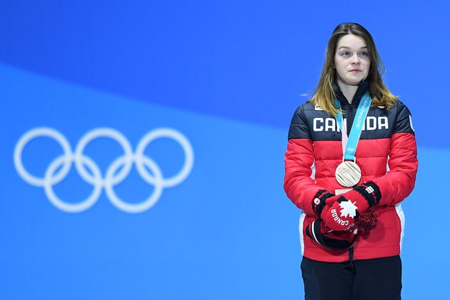 PYEONGCHANG-GUN, SOUTH KOREA - FEBRUARY 14:  Bronze medalist Kim Boutin of Canada poses during the medal ceremony for the Ladies' 500m Short Track Speed Skating on day five of the PyeongChang 2018 Winter Olympics at Medal Plaza on February 14, 2018 in Pyeongchang-gun, South Korea.  (Photo by Quinn Rooney/Getty Images)