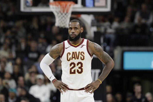 Cleveland Cavaliers forward LeBron James (23) waits for play to resume during the first half of an NBA basketball game against the San Antonio Spurs, Tuesday, Jan. 23, 2018, in San Antonio. James entered the game needing seven points to hit the 30,000 mark for career points; James scored 28 points. (AP Photo/Eric Gay)