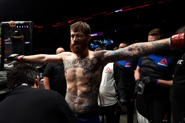 OKLAHOMA CITY, OK - JUNE 25:   Devin Powell prepares to enter the Octagon prior to his lightweight bout against Darrell Horcher during the UFC Fight Night event at the Chesapeake Energy Arena on June 25, 2017 in Oklahoma City, Oklahoma. (Photo by Brandon Magnus/Zuffa LLC/Zuffa LLC via Getty Images)