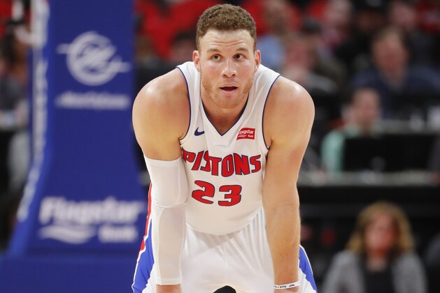 Detroit Pistons forward Blake Griffin (23) plays against the New Orleans Pelicans in the first half of an NBA basketball game in Detroit, Monday, Feb. 12, 2018. (AP Photo/Paul Sancya)