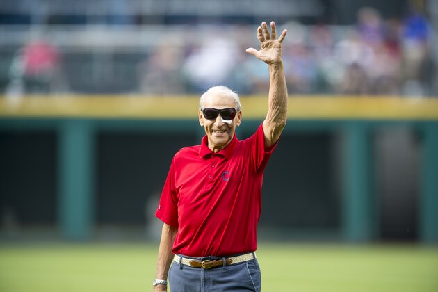 CLEVELAND, OH - JULY 11: John Patsy 'Tito' Francona, former Cleveland Indians player and father to manager Terry Francona, waves to fans before the game against the Oakland Athletics at Progressive Field on July 11, 2015 in Cleveland, Ohio. (Photo by Jason Miller/Getty Images)