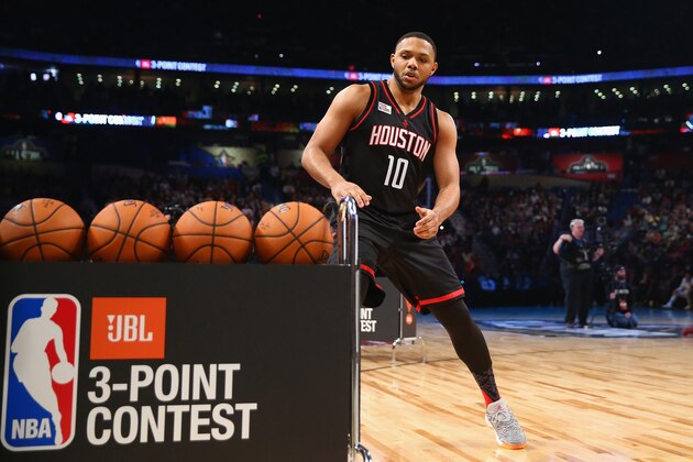 NEW ORLEANS, LA - FEBRUARY 18:  Eric Gordon #10 of the Houston Rockets competes in the 2017 JBL Three-Point Contest at Smoothie King Center on February 18, 2017 in New Orleans, Louisiana. NOTE TO USER: User expressly acknowledges and agrees that, by downloading and/or using this photograph, user is consenting to the terms and conditions of the Getty Images License Agreement.  (Photo by Ronald Martinez/Getty Images)