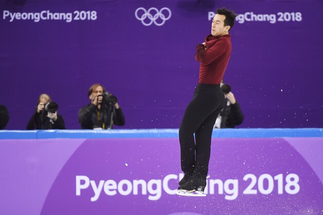 Patrick Chan of Canada performs during the men's free program in the team figure skating event at the Pyeonchang Winter Olympics Monday, February 12, 2018 in Gangneung, South Korea. (Paul Chiasson/The Canadian Press via AP)