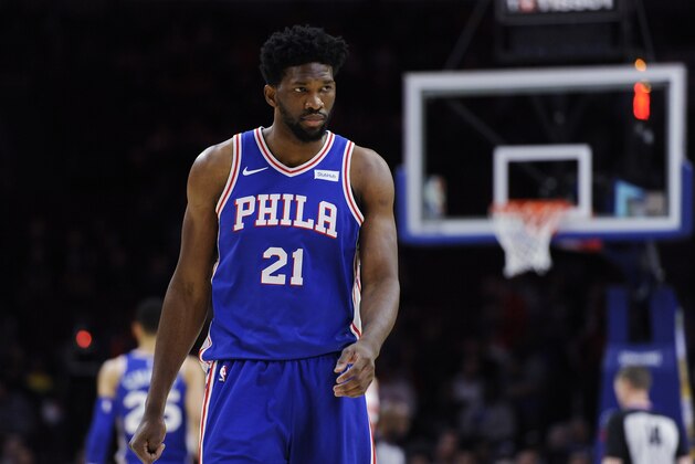Philadelphia 76ers' Joel Embiid (21) is seen during an NBA basketball game against the New York Knicks, Monday, Feb 12, 2018, in Philadelphia. The 76ers won 108-92. (AP Photo/Michael Perez)