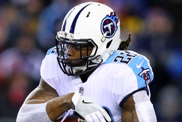 FOXBOROUGH, MA - JANUARY 13: Derrick Henry #22 of the Tennessee Titans runs the ball against the New England Patriots during the AFC Divisional Playoff game at Gillette Stadium on January 13, 2018 in Foxborough, Massachusetts. (Photo by Maddie Meyer/Getty Images)