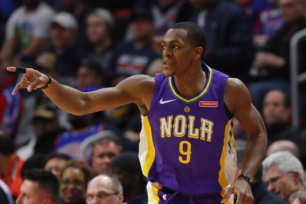 New Orleans Pelicans guard Rajon Rondo (9) plays against the Detroit Pistons in the first half of an NBA basketball game in Detroit, Monday, Feb. 12, 2018. (AP Photo/Paul Sancya)