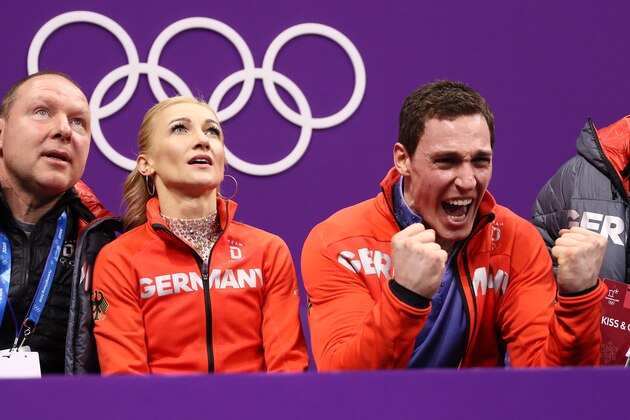 GANGNEUNG, SOUTH KOREA - FEBRUARY 15:  Aljona Savchenko and Bruno Massot of Germany react after competing during the Pair Skating Free Skating at Gangneung Ice Arena on February 15, 2018 in Gangneung, South Korea.  (Photo by Jamie Squire/Getty Images)