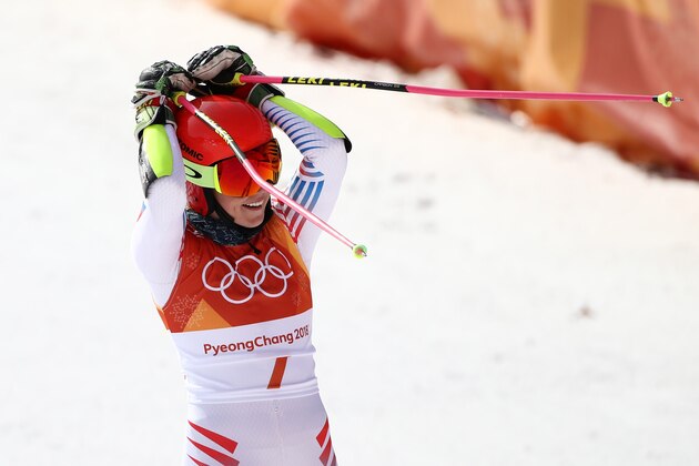 PYEONGCHANG-GUN, SOUTH KOREA - FEBRUARY 15:  Mikaela Shiffrin of the United States reacts at the finish during the Ladies' Giant Slalom on day six of the PyeongChang 2018 Winter Olympic Games at Yongpyong Alpine Centre on February 15, 2018 in Pyeongchang-gun, South Korea.  (Photo by Ezra Shaw/Getty Images)