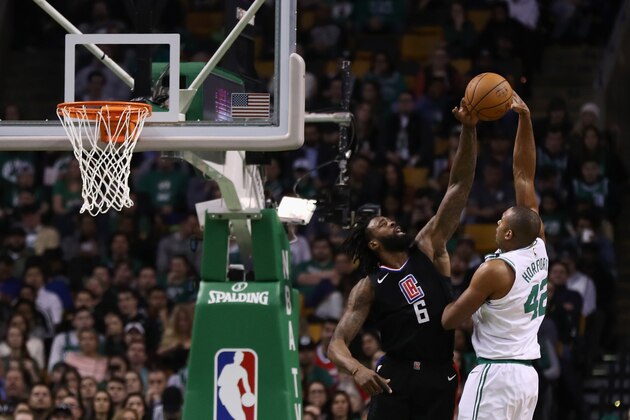 BOSTON, MA - FEBRUARY 14:  DeAndre Jordan #6 of the LA Clippers blocks the shot of Al Horford #42 of the Boston Celtics during the second quarter of the game at TD Garden on February 14, 2018 in Boston, Massachusetts. NOTE TO USER: User expressly acknowledges and agrees that, by downloading and or using this photograph, User is consenting to the terms and conditions of the Getty Images License Agreement.  (Photo by Omar Rawlings/Getty Images)