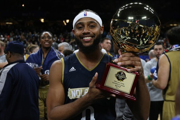 NEW ORLEANS, LA - FEBRUARY 17: Brandon Armstrong #0 of the East team holds the MVP trophy during the 2017 NBA All-Star Celebrity Game as part of 2017 All-Star Weekend at the Mercedes-Benz Super Dome on February 17, 2017 in New Orleans, Louisiana. NOTE TO USER: User expressly acknowledges and agrees that, by downloading and/or using this photograph, user is consenting to the terms and conditions of the Getty Images License Agreement.  Mandatory Copyright Notice: Copyright 2017 NBAE (Photo by Layne Murdoch/NBAE via Getty Images)