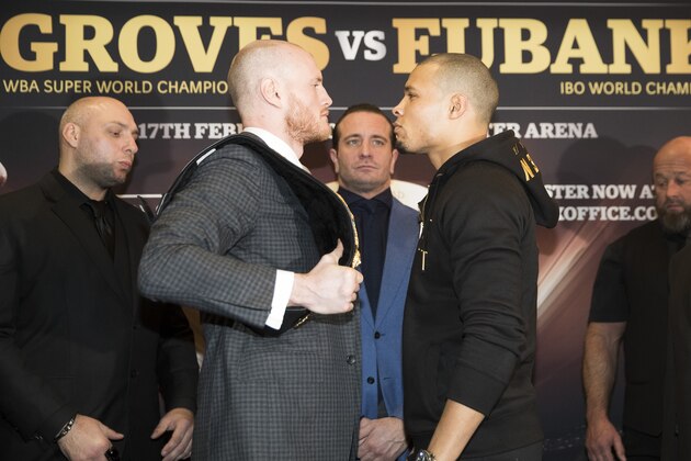 MANCHESTER, ENGLAND - FEBRUARY 14:   George Groves and Chris Eubank Jr face off after their press conference at Crowne Plaza Hotel in Manchester on February 14, 2018 in Manchester, England.  (Photo by Mark Robinson/Getty Images)