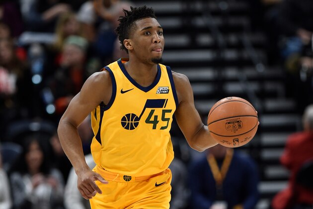 SALT LAKE CITY, UT - FEBRUARY 14: Donovan Mitchell #45 of the Utah Jazz brings the ball up court during the first half of a game against the Phoenix Suns at Vivint Smart Home Arena on February 14, 2018 in Salt Lake City, Utah. NOTE TO USER: User expressly acknowledges and agrees that, by downloading and or using this photograph, User is consenting to the terms and conditions of the Getty Images License Agreement. (Photo by Gene Sweeney Jr./Getty Images)