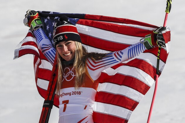 Mikaela Shiffrin, of the United States, celebrate her gold medal during the venue ceremony at the Women's Giant Slalom at the 2018 Winter Olympics in Pyeongchang, South Korea, Thursday, Feb. 15, 2018. (AP Photo/Morry Gash)