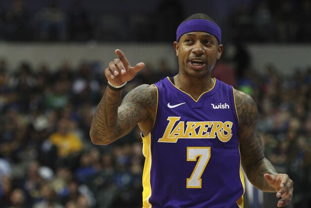 Los Angeles Lakers guard Isaiah Thomas (7) gestures during an NBA basketball game against the Dallas Mavericks in Dallas Saturday, Feb. 10, 2018. (AP Photo/ Richard W. Rodriguez)