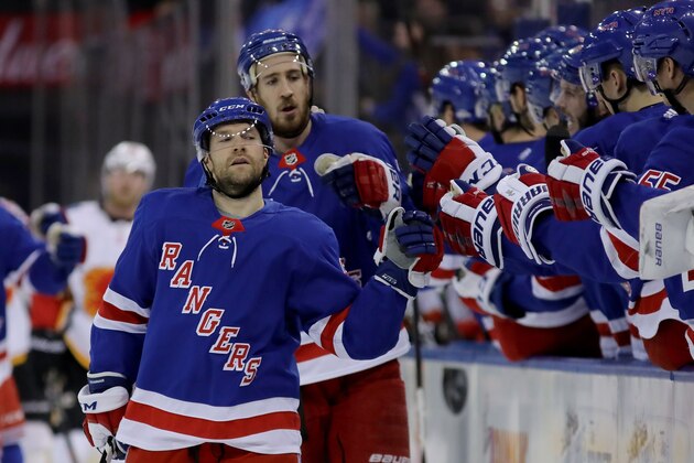 NEW YORK, NY - FEBRUARY 09:  Kevin Hayes #13 of the New York Rangers celebrates with teammates after scoring a goal in the first period against the Calgary Flames during their game at Madison Square Garden on February 9, 2018 in New York City.  (Photo by Abbie Parr/Getty Images)