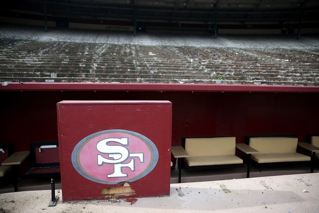 SAN FRANCISCO, CA - FEBRUARY 04:  A San Francisco 49ers logo remains in front of an empty section of seating inside Candlestick Park on February 4, 2015 in San Francisco, California.  The demolition of Candlestick Park, the former home of the San Francisco Giants and San Francisco 49ers, is underway and is expected to take 3 months to complete. A development with a mall and housing is planned for the site.  (Photo by Justin Sullivan/Getty Images)