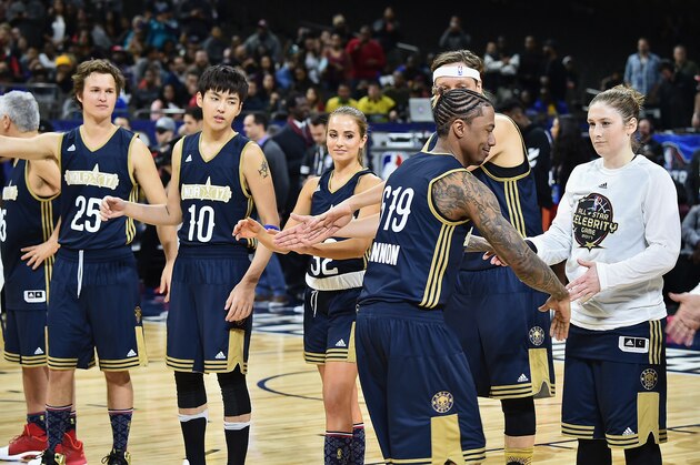 NEW ORLEANS, LA - FEBRUARY 17:  Ansel Elgort, Kris Wu, Rachel DeMita, Nick Cannon, and Lindsay Whalen  attend the 2017 NBA All-Star Celebrity Game at Mercedes-Benz Superdome on February 17, 2017 in New Orleans, Louisiana.  (Photo by Theo Wargo/Getty Images)