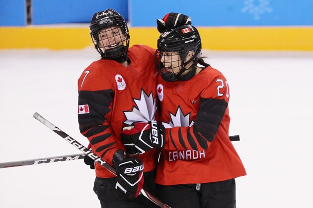 GANGNEUNG, SOUTH KOREA - FEBRUARY 15:  Laura Stacey #7 of Canada and Sarah Nurse #20 of Canada celebrate after Nurse scores in the second period against the United States during the Women's Ice Hockey Preliminary Round Group A game on day six of the PyeongChang 2018 Winter Olympic Games at Kwandong Hockey Centre on February 15, 2018 in Gangneung, South Korea.  (Photo by Maddie Meyer/Getty Images)