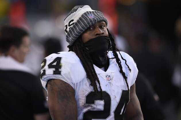 Oakland Raiders running back Marshawn Lynch looks on during the second half of an NFL football game against the Los Angeles Chargers, Sunday, Dec. 31, 2017, in Carson, Calif. (AP Photo/Kelvin Kuo)