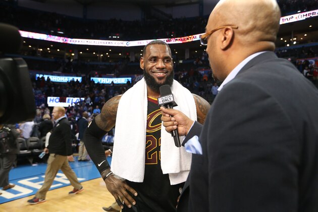 OKLAHOMA CITY, OK - FEBRUARY 13:  LeBron James #23 of the Cleveland Cavaliers is interviewed after defeating the Oklahoma City Thunder on February 13, 2018 at Chesapeake Energy Arena in Oklahoma City, Oklahoma. NOTE TO USER: User expressly acknowledges and agrees that, by downloading and or using this photograph, User is consenting to the terms and conditions of the Getty Images License Agreement. Mandatory Copyright Notice: Copyright 2018 NBAE (Photo by Layne Murdoch/NBAE via Getty Images)